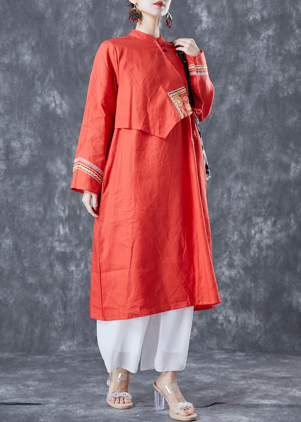 Women Orange Embroideried Lace Up Linen Holiday Dress Summer - Image 3