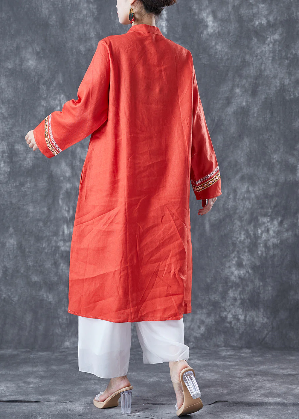 Women Orange Embroideried Lace Up Linen Holiday Dress Summer - Image 4