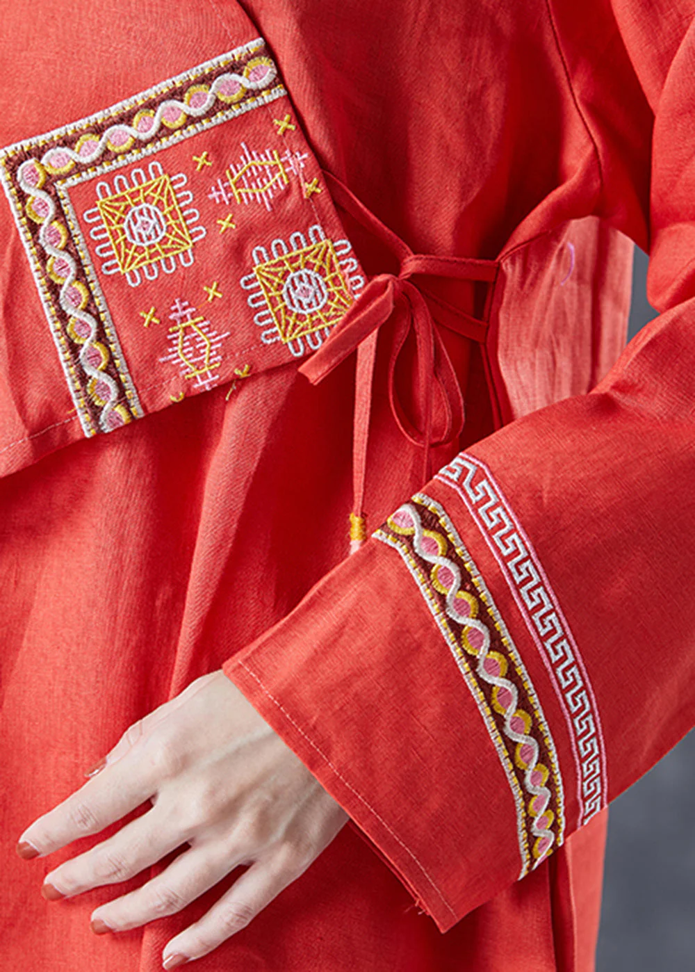 Women Orange Embroideried Lace Up Linen Holiday Dress Summer - Image 5