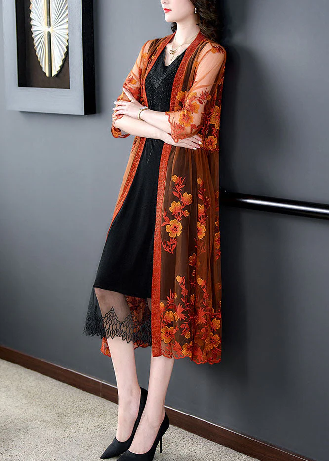 Women Orange Embroideried Patchwork Tulle Long Dresses Summer - Image 3