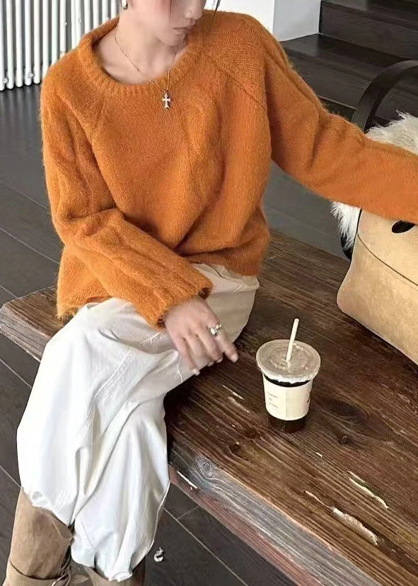 Women Orange O-Neck Oversized Thick Knit Sweater Winter - Image 3