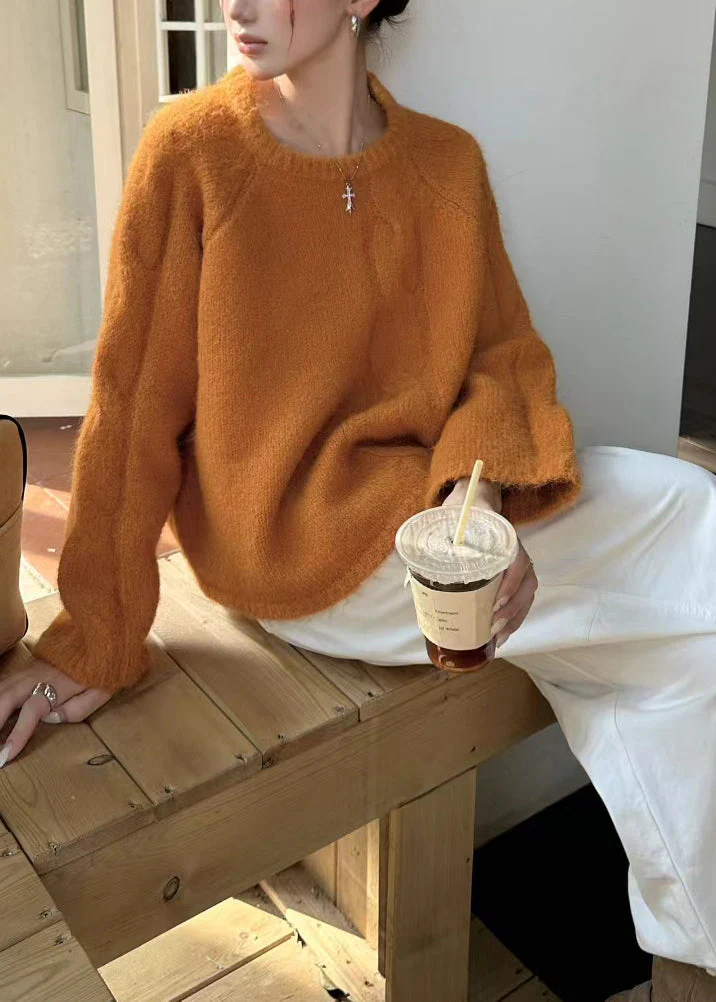 Women Orange O-Neck Oversized Thick Knit Sweater Winter - Image 4