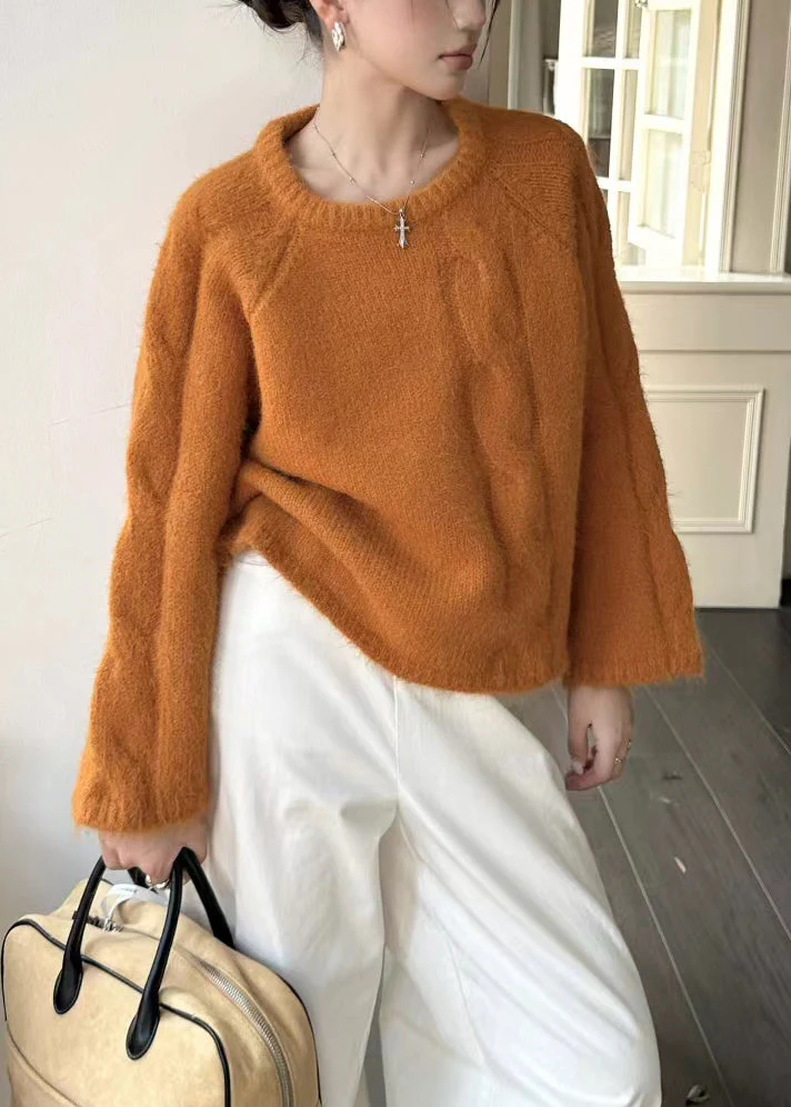 Women Orange O-Neck Oversized Thick Knit Sweater Winter - Image 5
