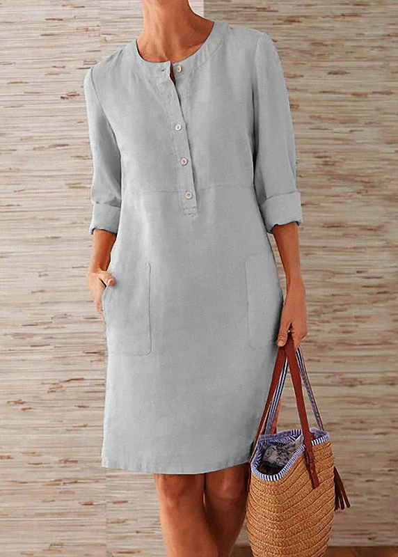 Women Orange O Neck Pockets Cotton Dress Fall - Image 3