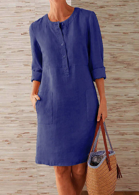 Women Orange O Neck Pockets Cotton Dress Fall - Image 4