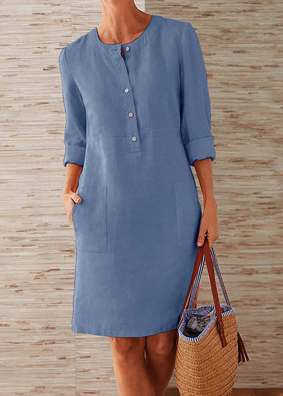 Women Orange O Neck Pockets Cotton Dress Fall - Image 5