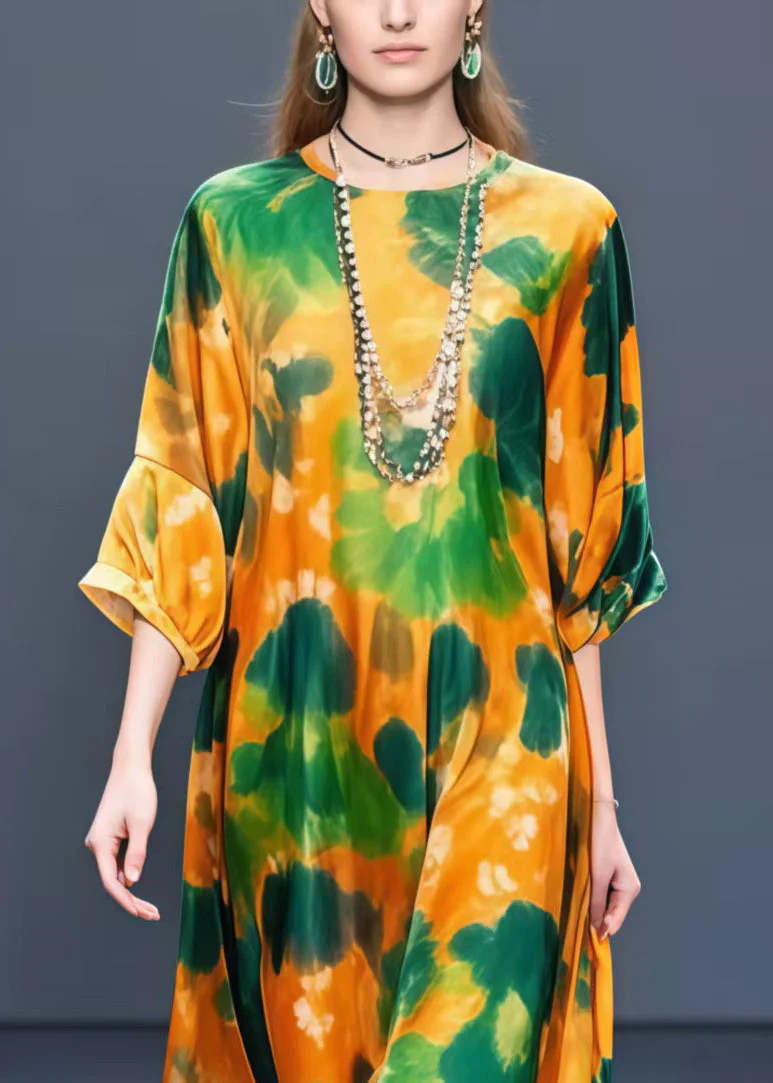 Women Orange Oversized Leaf Print Chiffon Dress Half Sleeve - Image 2