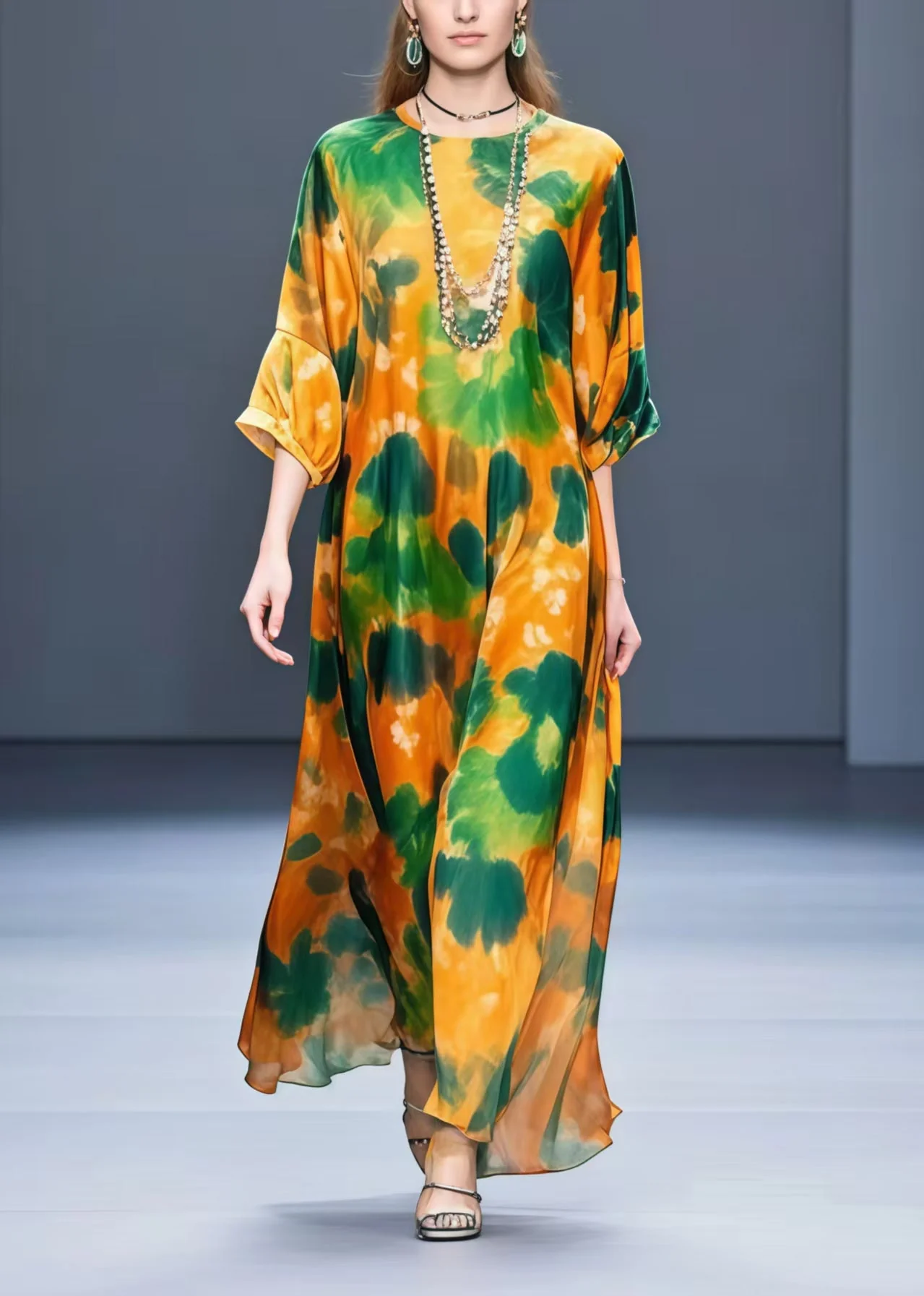Women Orange Oversized Leaf Print Chiffon Dress Half Sleeve - Image 5