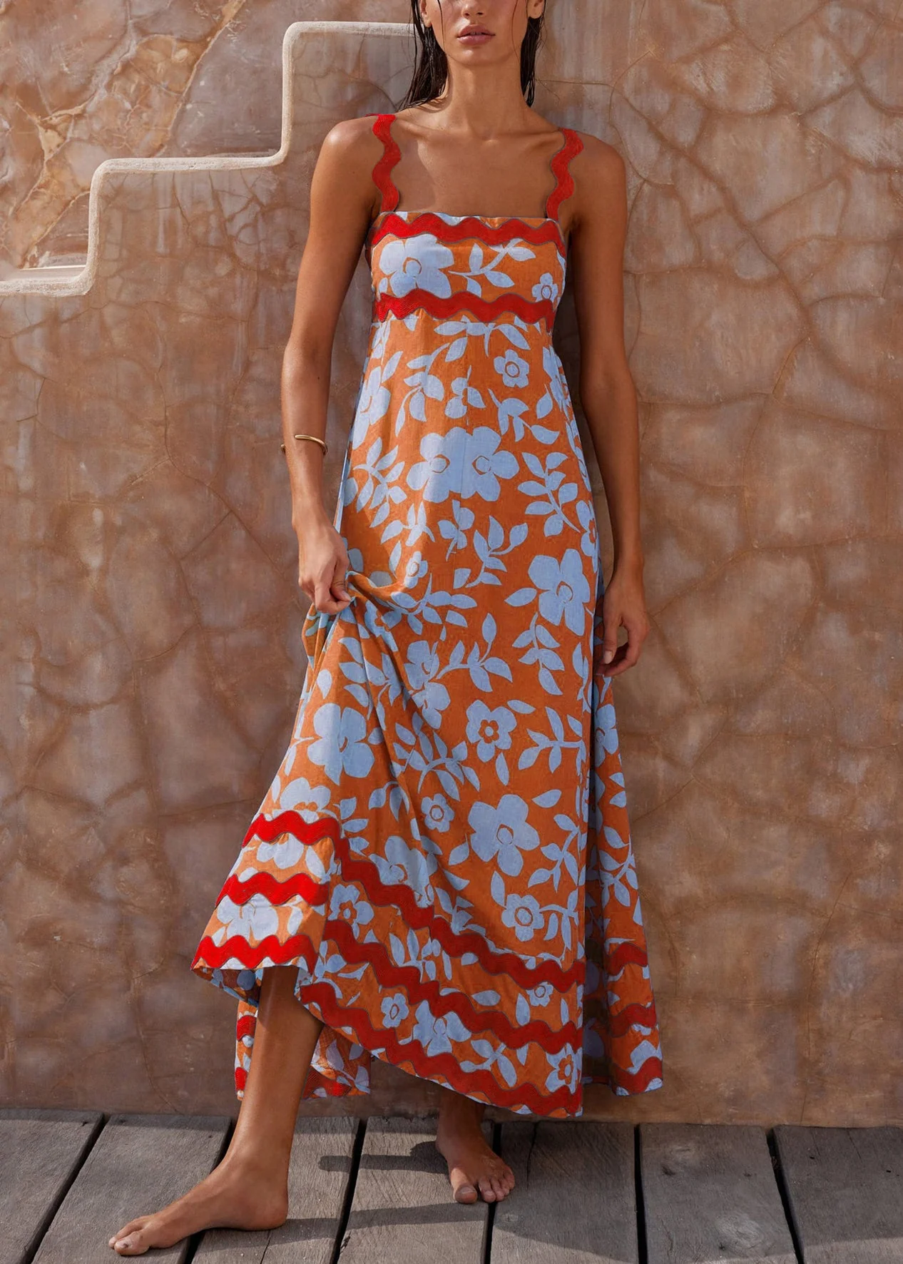 Women Orange Print High Waist Cotton Spaghetti Strap Dress Sleeveless - Image 2