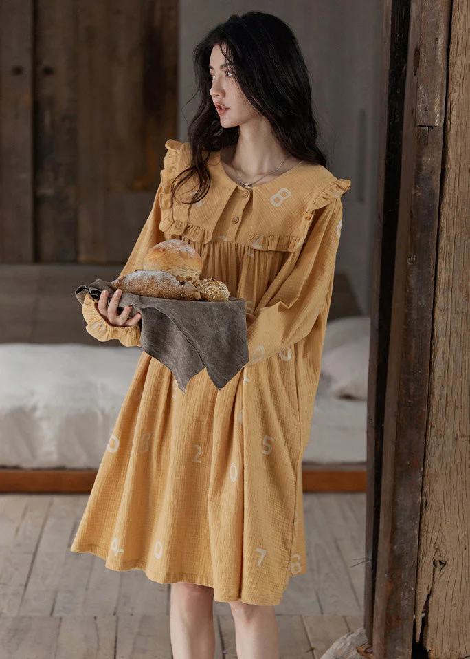 Women Orange Ruffled Print Cozy Cotton Maxi Dress Long Sleeve - Image 2