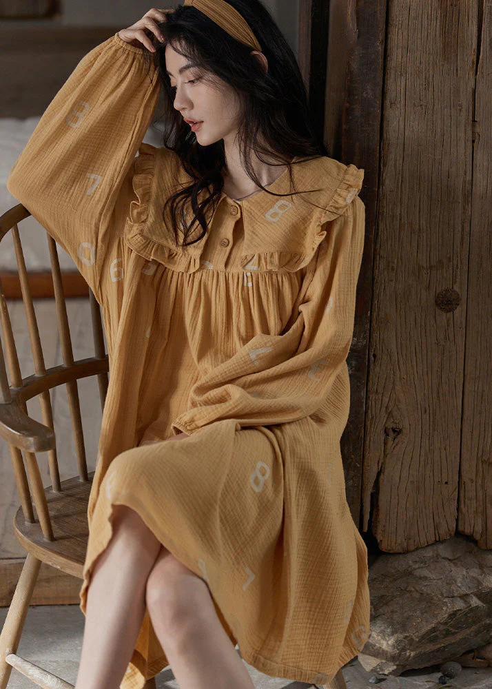 Women Orange Ruffled Print Cozy Cotton Maxi Dress Long Sleeve - Image 3