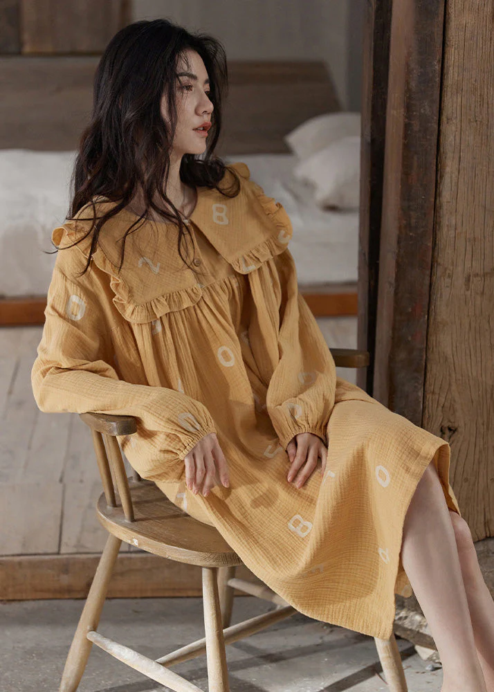 Women Orange Ruffled Print Cozy Cotton Maxi Dress Long Sleeve - Image 4