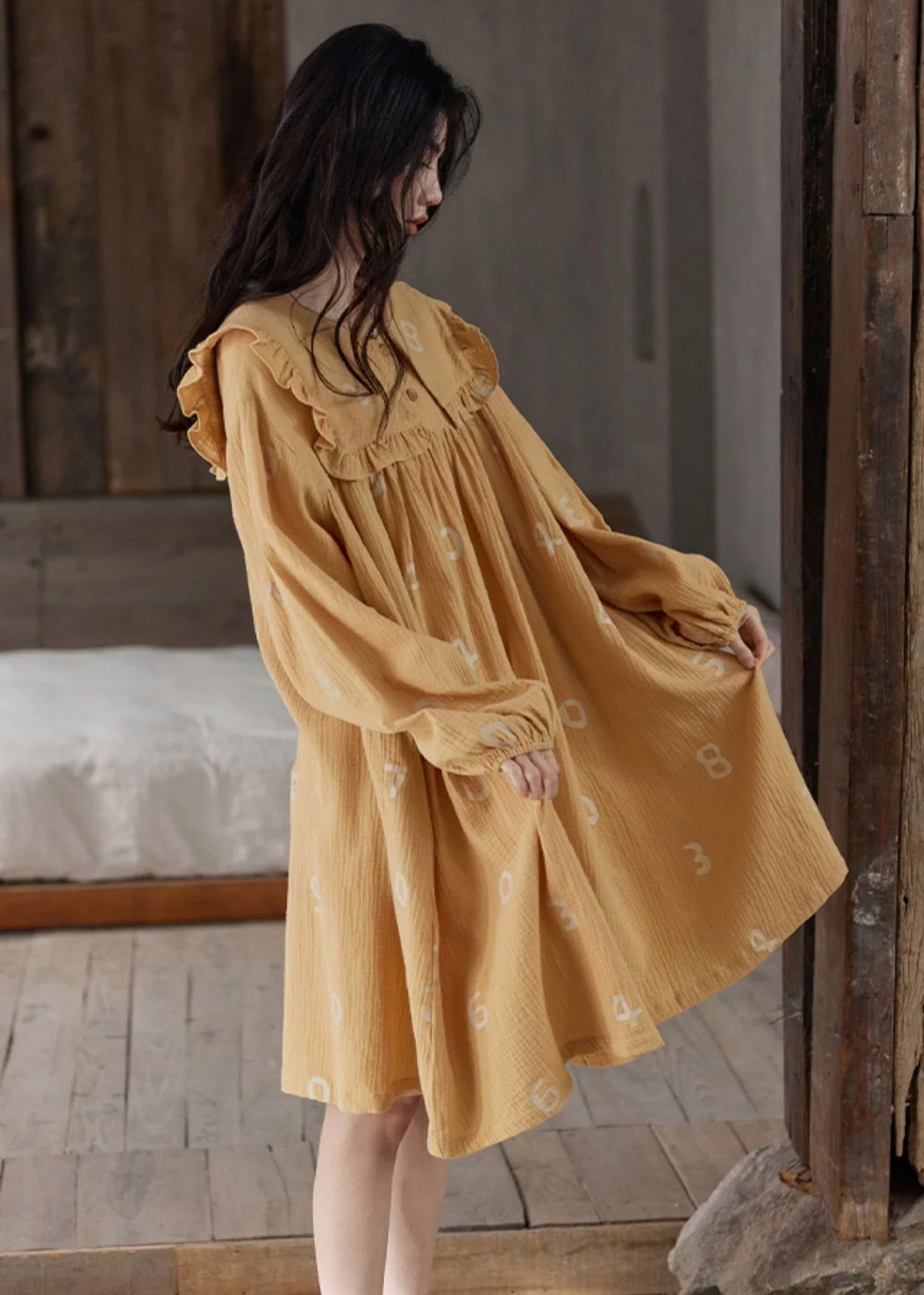 Women Orange Ruffled Print Cozy Cotton Maxi Dress Long Sleeve - Image 5