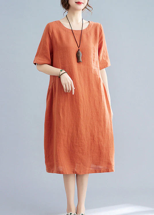 Women Orange Solid O-Neck Linen Dresses Short Sleeve - Image 2