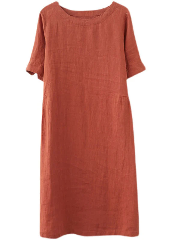 Women Orange Solid O-Neck Linen Dresses Short Sleeve - Image 4