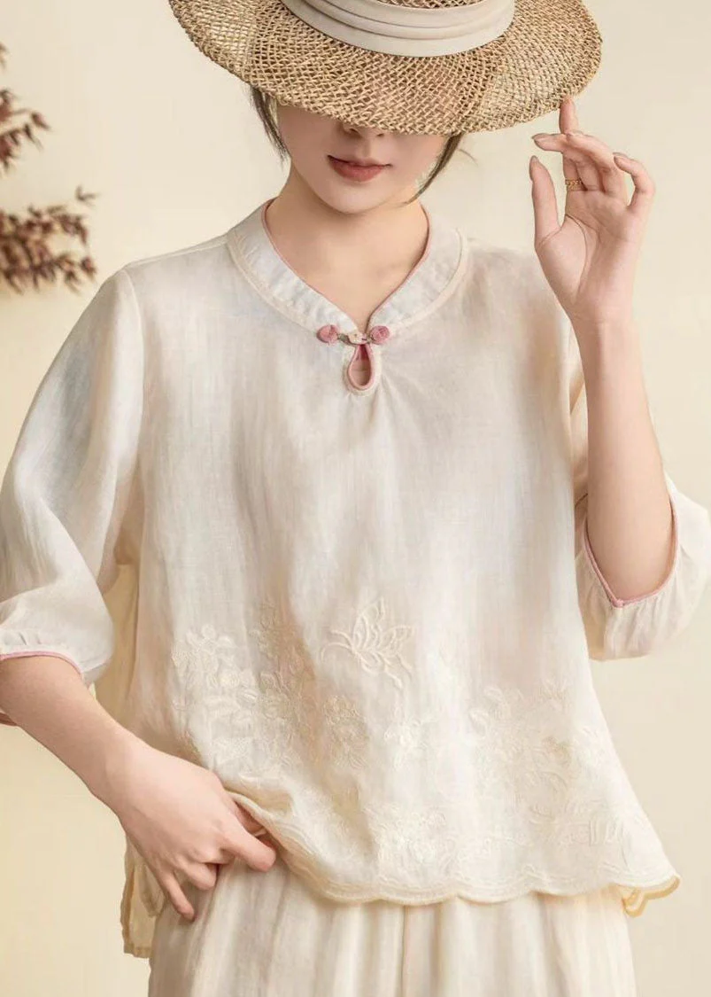 Women Orange Stand Collar Embroidered Linen Shirt Summer - Image 3