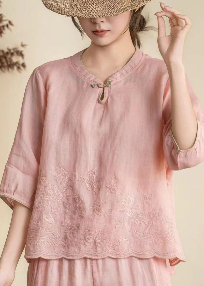 Women Orange Stand Collar Embroidered Linen Shirt Summer - Image 4