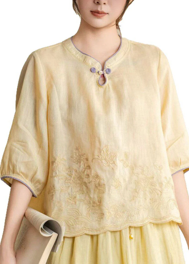 Women Orange Stand Collar Embroidered Linen Shirt Summer - Image 5