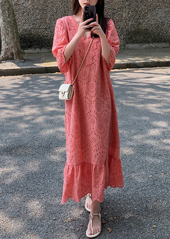 Women Orange V Neck Lace Patchwork Hollow Out Cotton Long Dresses Summer - Image 2