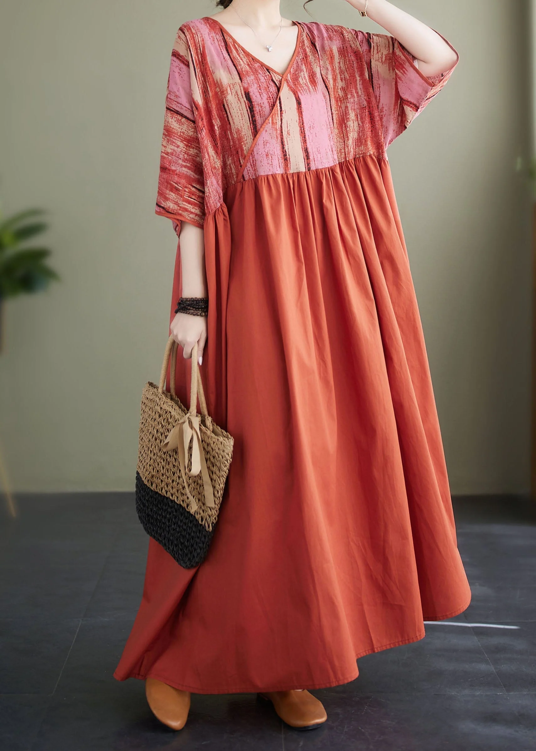 Women Orange V Neck Print Patchwork Cotton Loose Dresses Summer - Image 3
