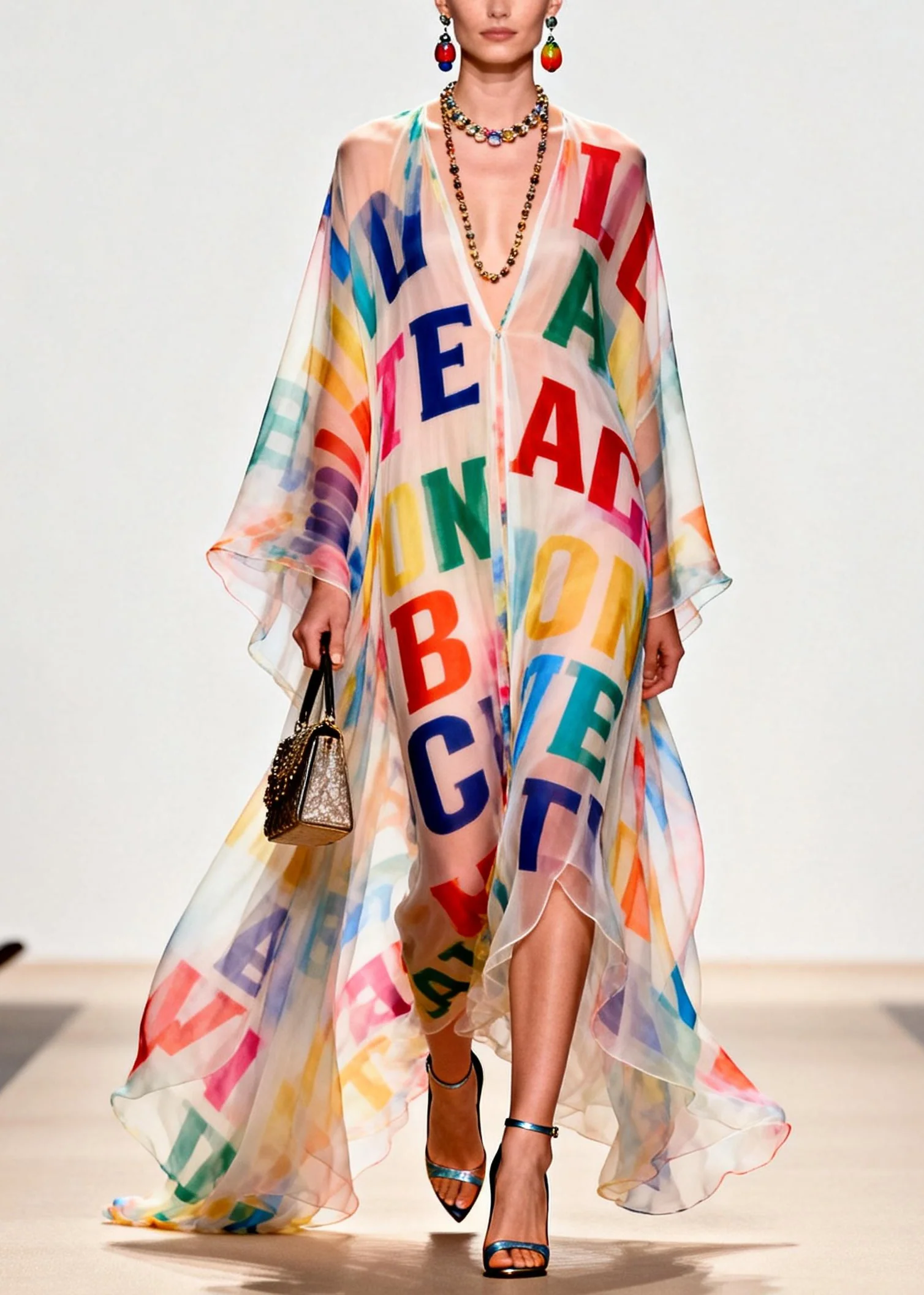 Women Oversized Letter Print Exra Large Hem Chiffon Beach Dress Summer - Image 5