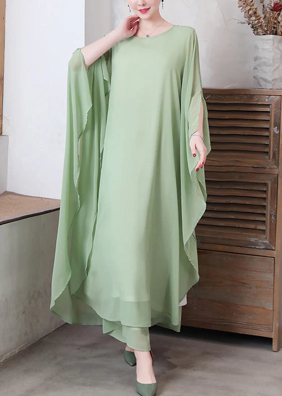 Women Pea Green Asymmetrical Solid Chiffon Long Dress And Wide Leg Pants Two Pieces Set Spring - Image 2