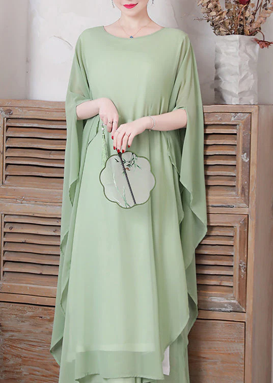 Women Pea Green Asymmetrical Solid Chiffon Long Dress And Wide Leg Pants Two Pieces Set Spring - Image 3