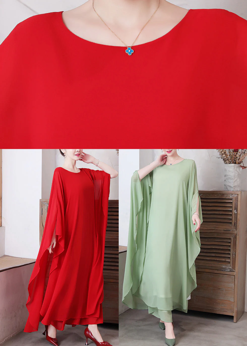 Women Pea Green Asymmetrical Solid Chiffon Long Dress And Wide Leg Pants Two Pieces Set Spring - Image 5
