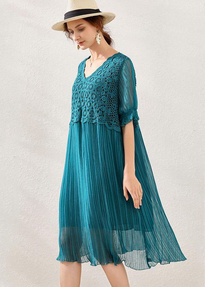 Women Peacock blue Chiffon A Line Spring Long Dresses Short Sleeve - Image 2