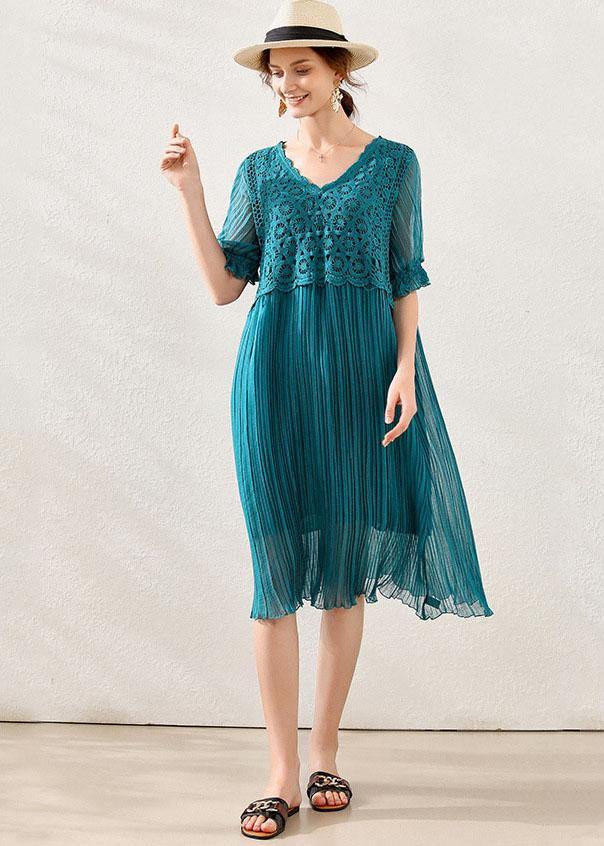 Women Peacock blue Chiffon A Line Spring Long Dresses Short Sleeve - Image 3