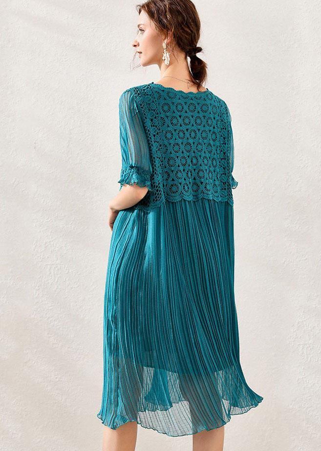 Women Peacock blue Chiffon A Line Spring Long Dresses Short Sleeve - Image 4