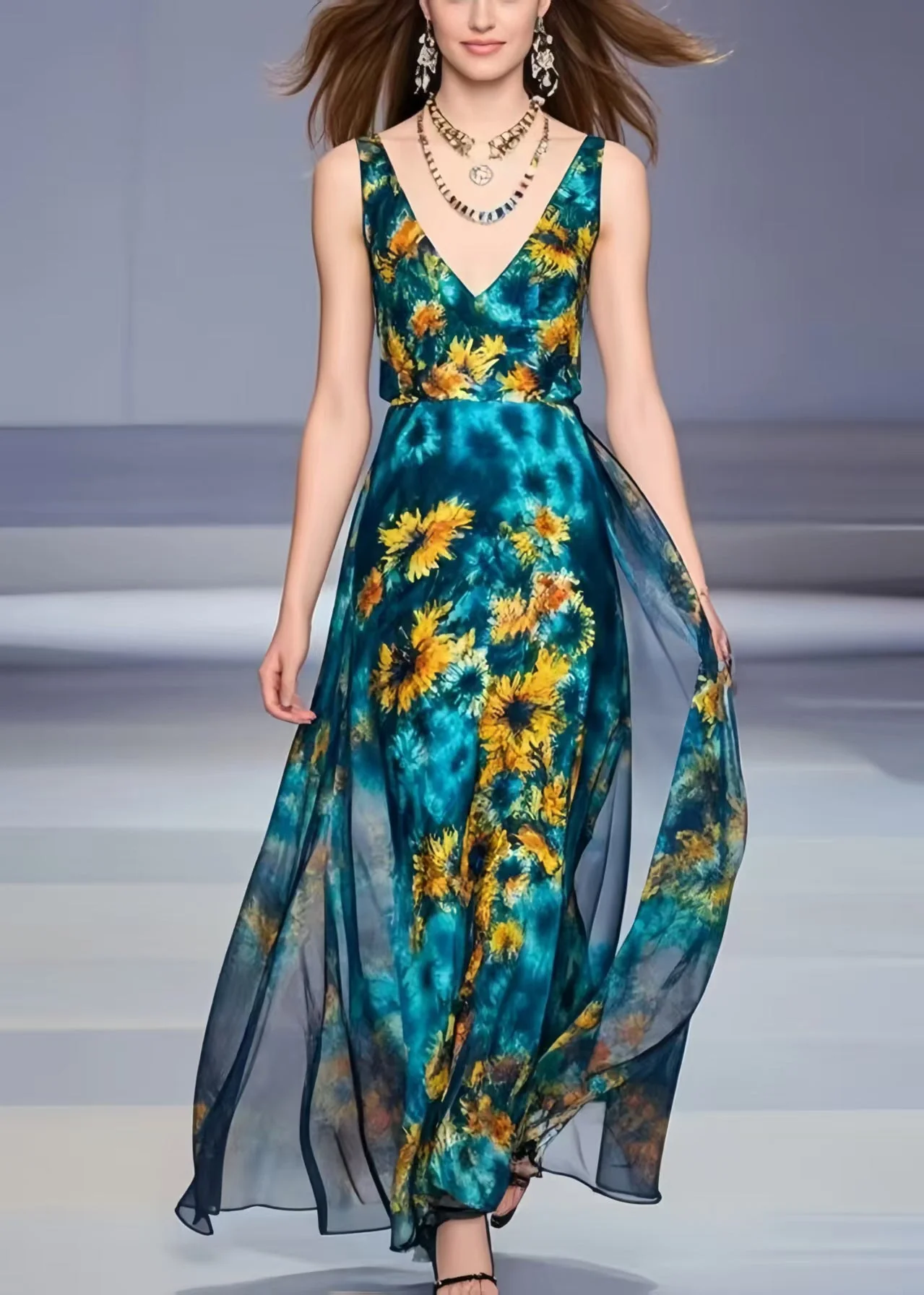 Women Peacock Blue Chrysanthemum Print Chiffon Dress Summer - Image 5