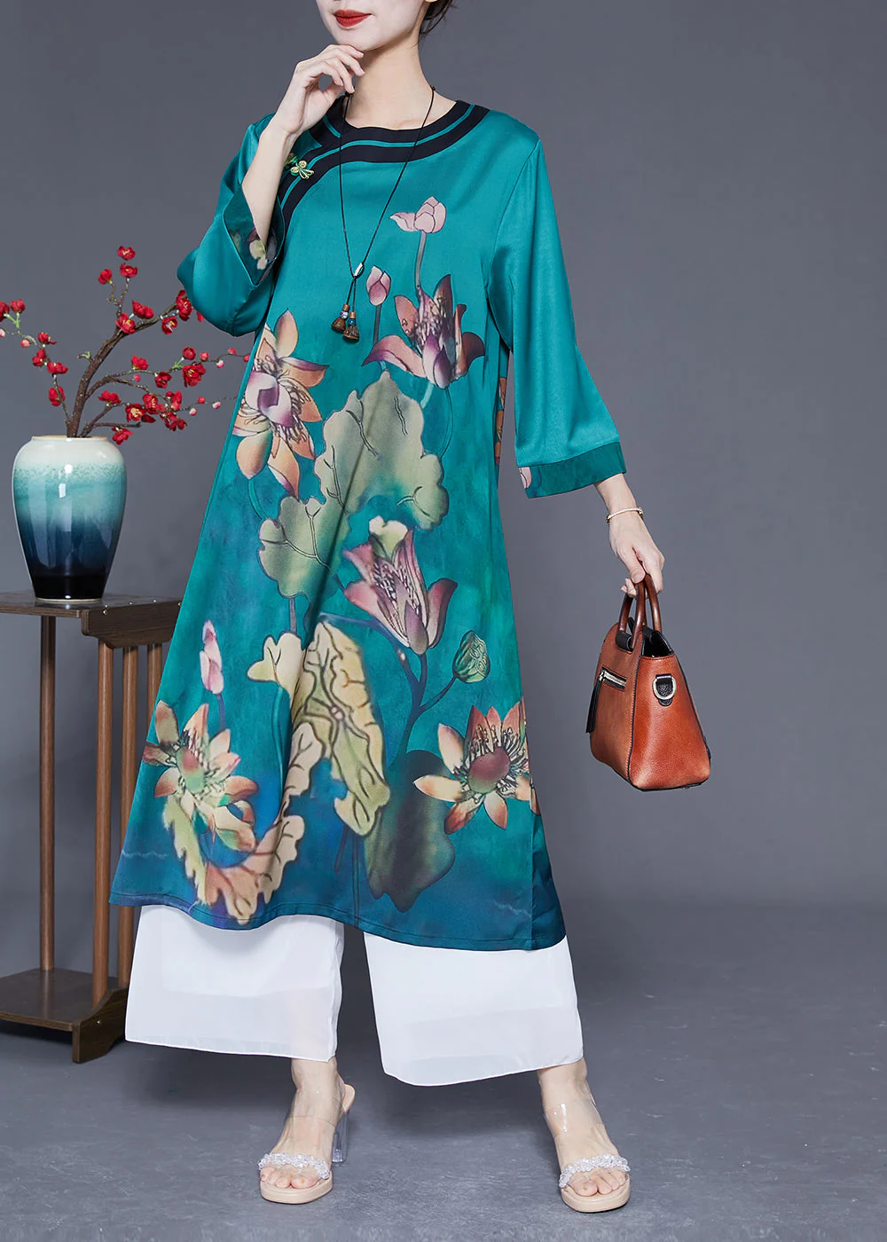 Women Peacock Blue Print Side Open Silk Holiday Dress Bracelet Sleeve - Image 2