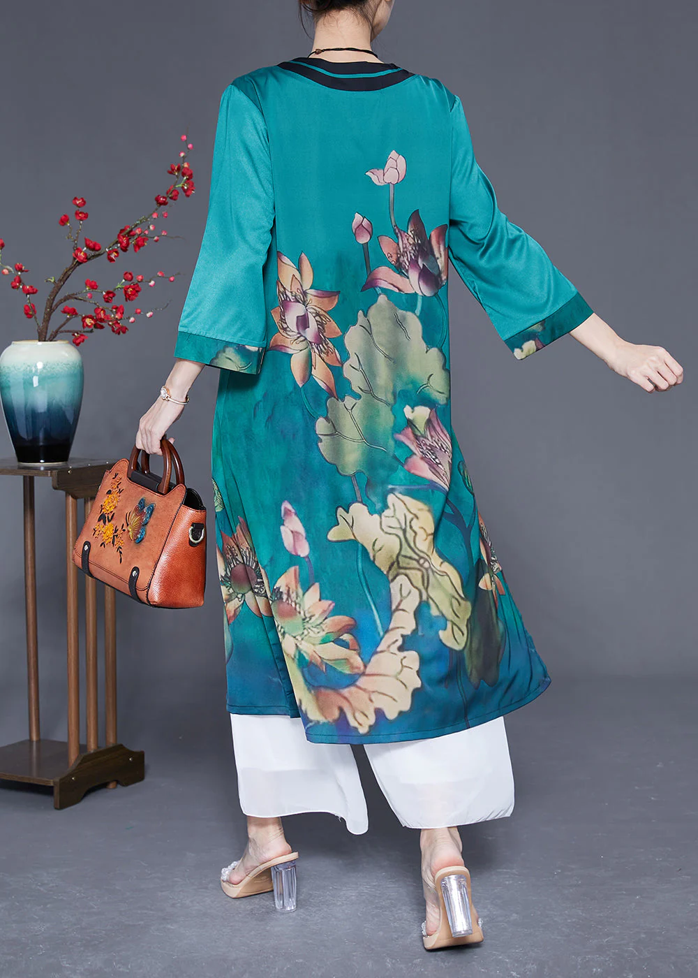 Women Peacock Blue Print Side Open Silk Holiday Dress Bracelet Sleeve - Image 4