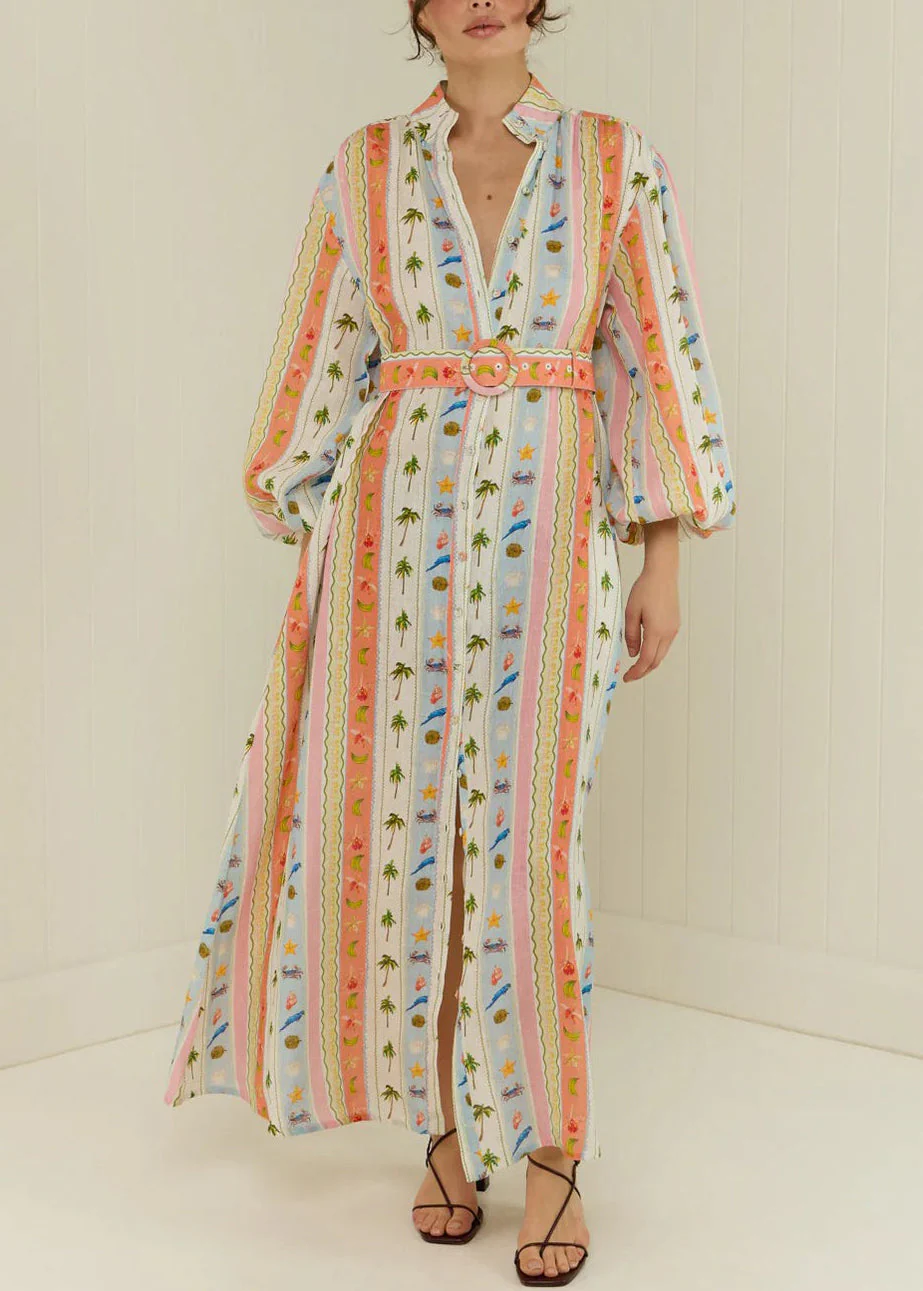 Women Peter Pan Collar Print Sashes Cotton Dress Long Sleeve - Image 2