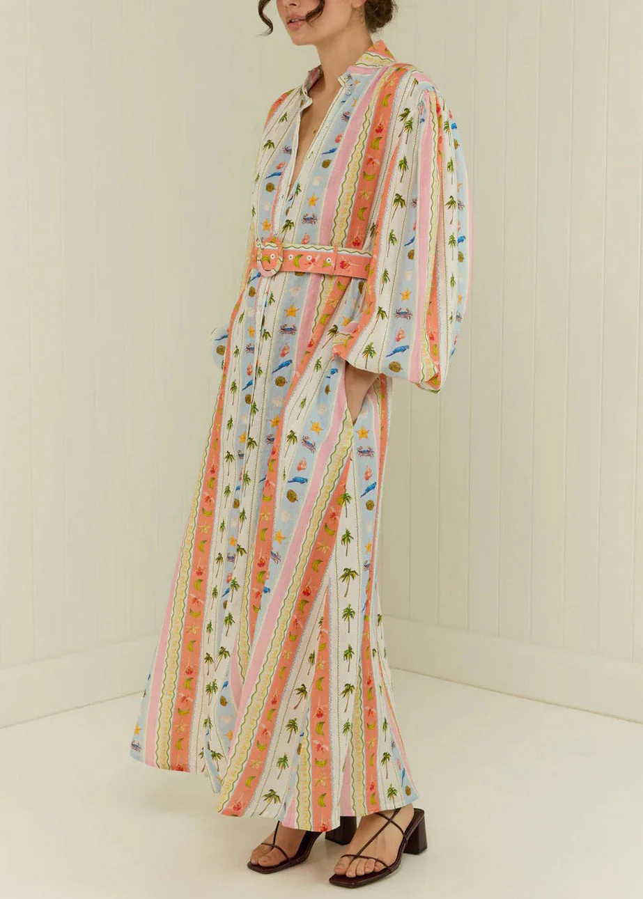 Women Peter Pan Collar Print Sashes Cotton Dress Long Sleeve - Image 4