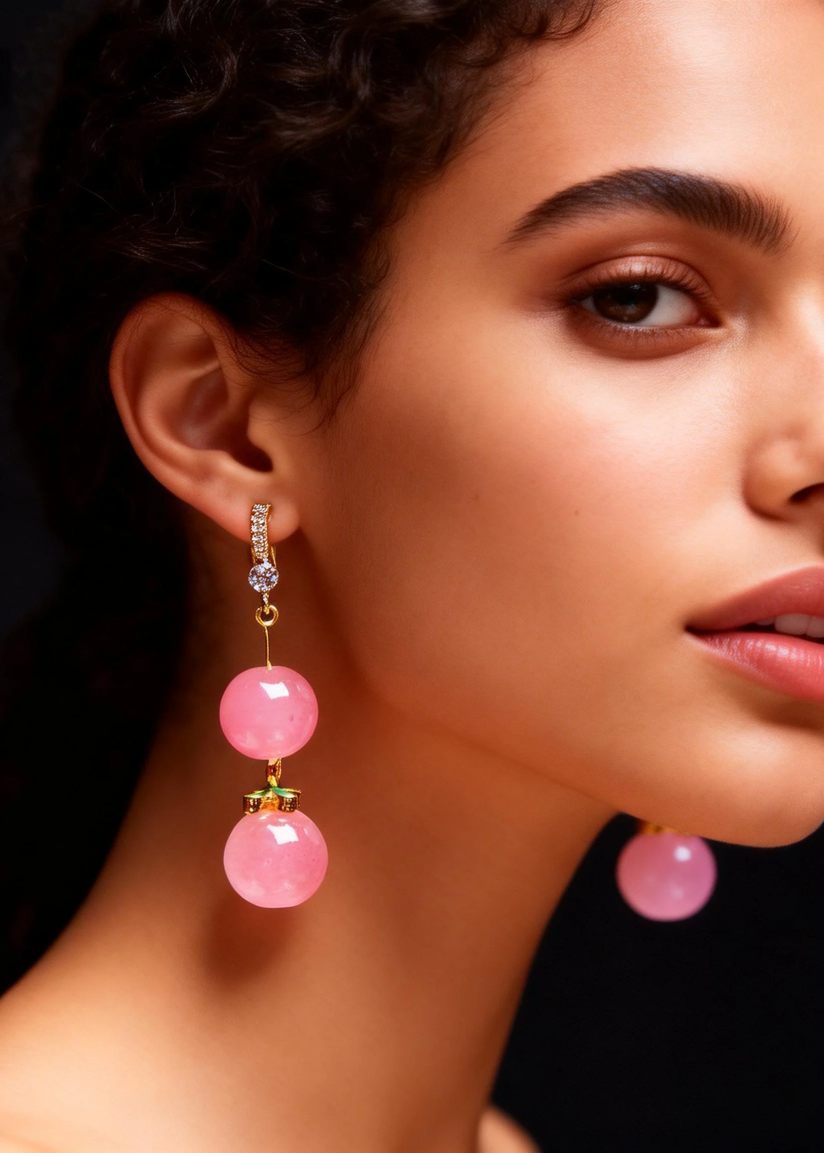 Women Pink Acrylic Ball Zircon Drop Earrings - Image 3