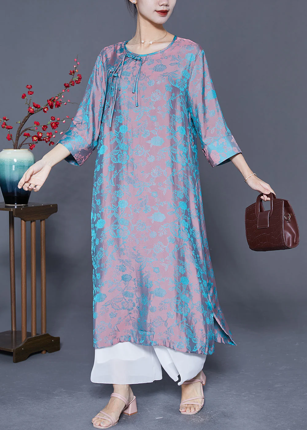 Women Pink Blue Jacquard Tassel Chinese Button Silk Vacation Dresses Bracelet Sleeve - Image 2