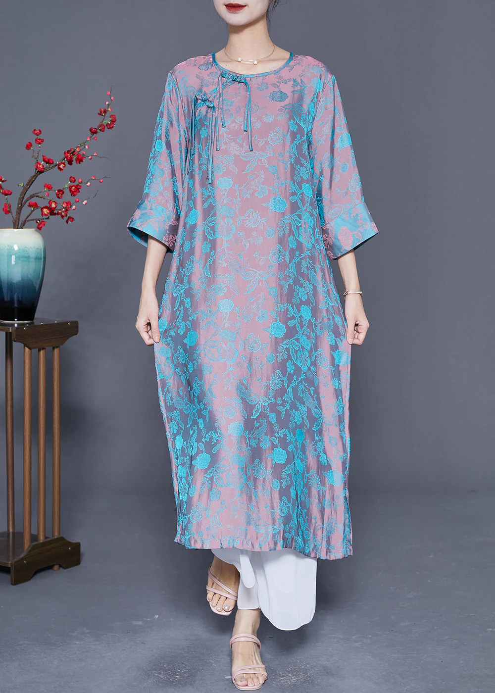 Women Pink Blue Jacquard Tassel Chinese Button Silk Vacation Dresses Bracelet Sleeve - Image 3