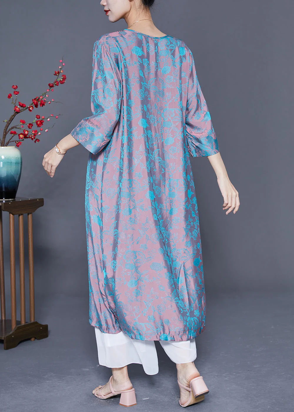 Women Pink Blue Jacquard Tassel Chinese Button Silk Vacation Dresses Bracelet Sleeve - Image 4