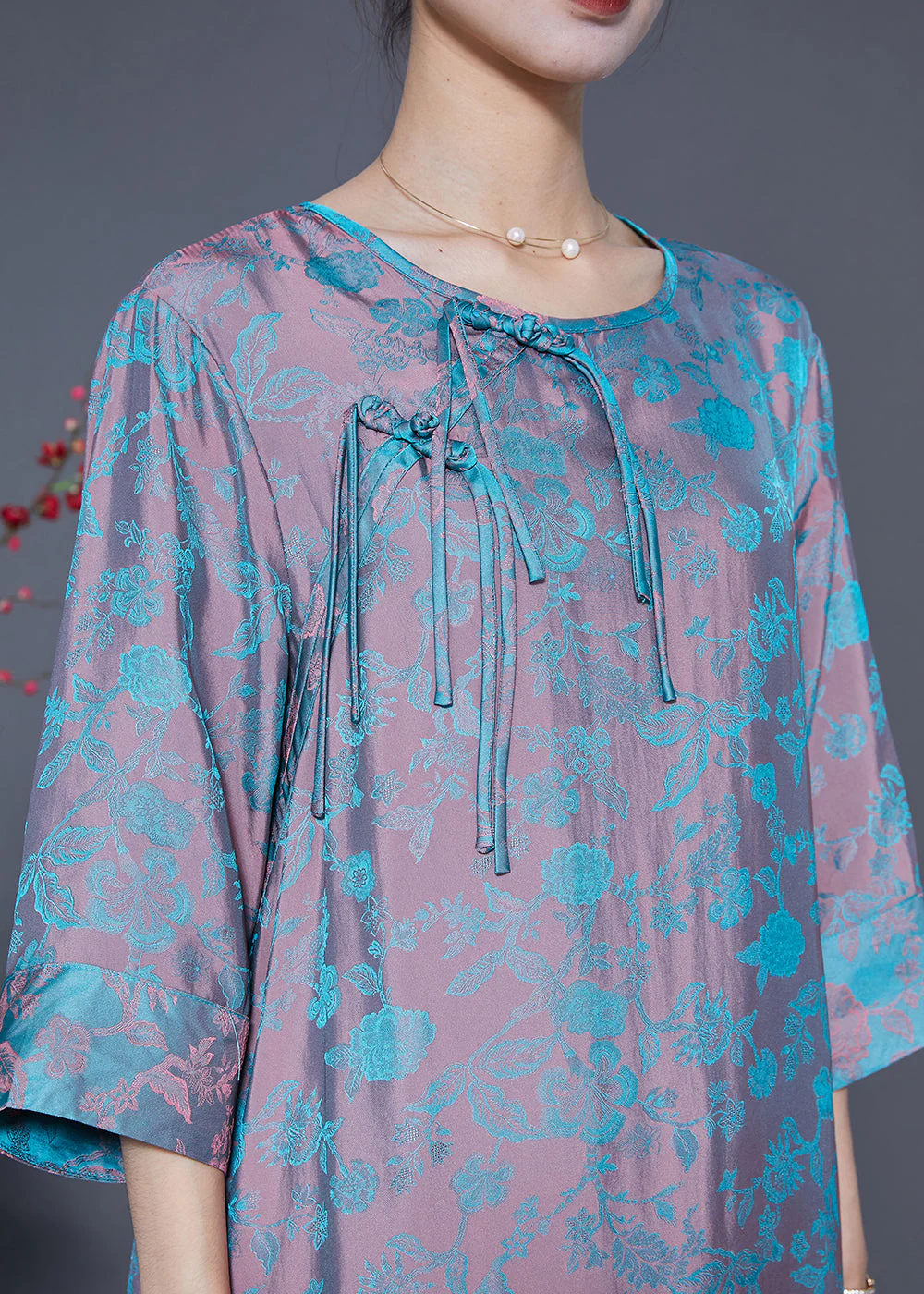 Women Pink Blue Jacquard Tassel Chinese Button Silk Vacation Dresses Bracelet Sleeve - Image 5
