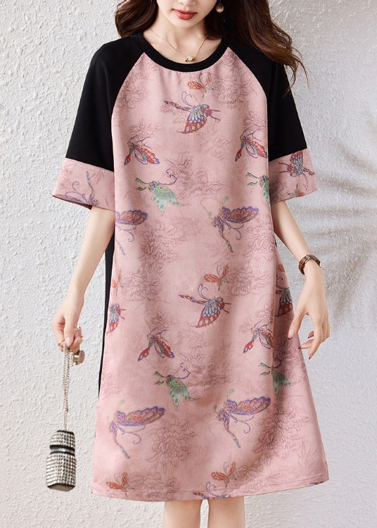 Women Pink Butterfly Patchwork Cotton A Line Dresses Half Sleeve - Image 2