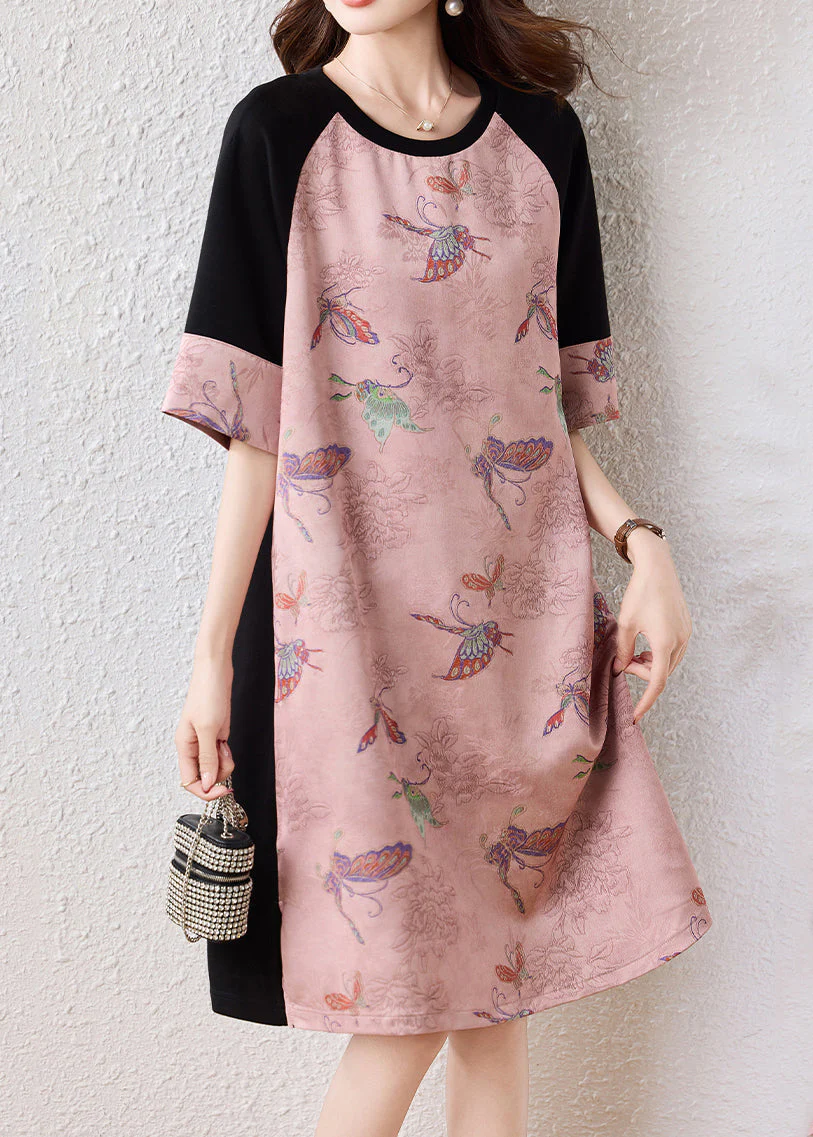 Women Pink Butterfly Patchwork Cotton A Line Dresses Half Sleeve - Image 3