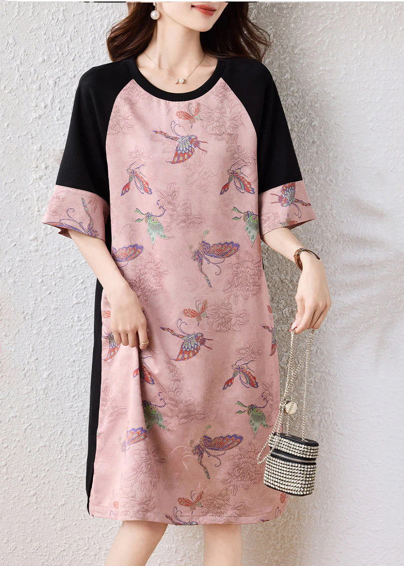 Women Pink Butterfly Patchwork Cotton A Line Dresses Half Sleeve - Image 4