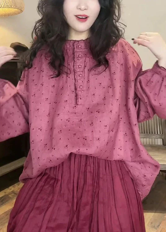 Women Pink Button Print Cotton Blouse Top Spring - Image 2