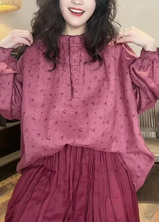 Women Pink Button Print Cotton Blouse Top Spring - Image 3
