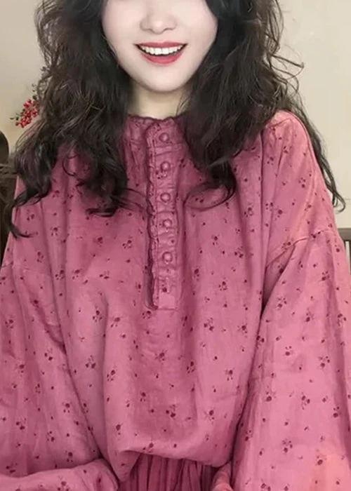 Women Pink Button Print Cotton Blouse Top Spring - Image 4