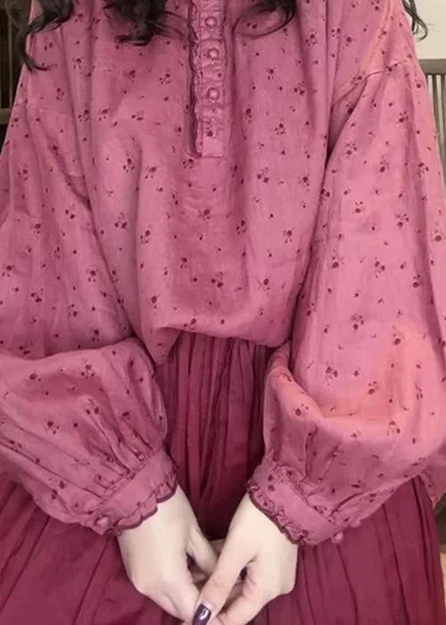 Women Pink Button Print Cotton Blouse Top Spring - Image 5