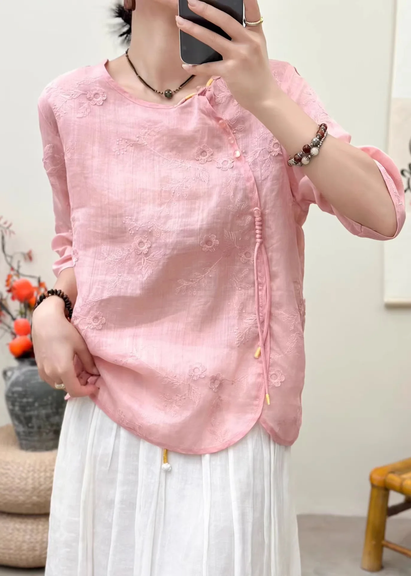 Women Pink Embroidered Chinese Button Linen Tops Half Sleeve