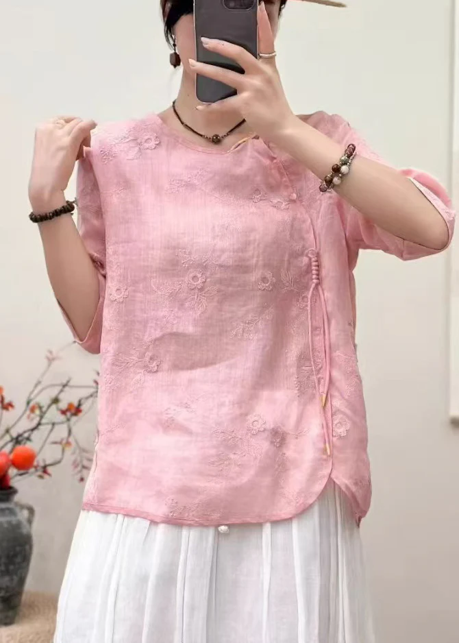 Women Pink Embroidered Chinese Button Linen Tops Half Sleeve - Image 2